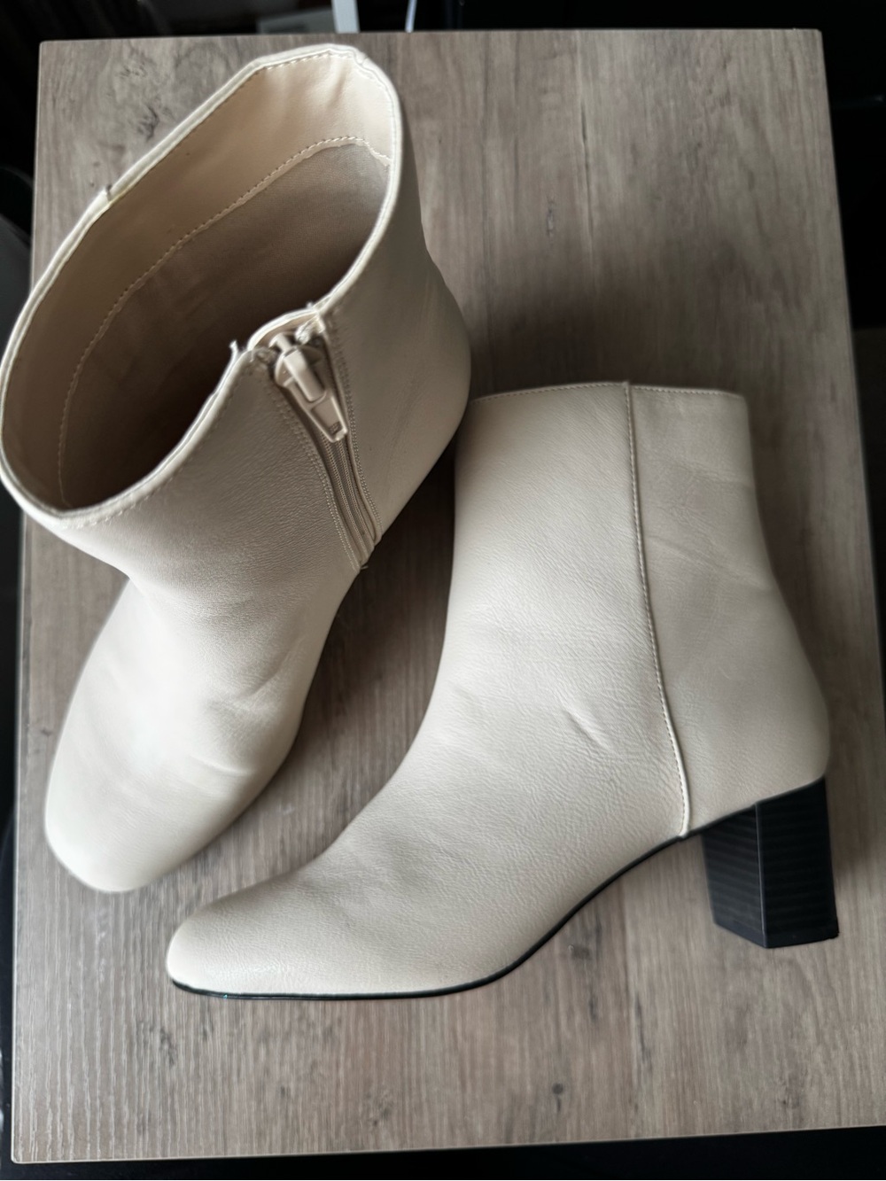 Cream Ankle Boots with Block Heel